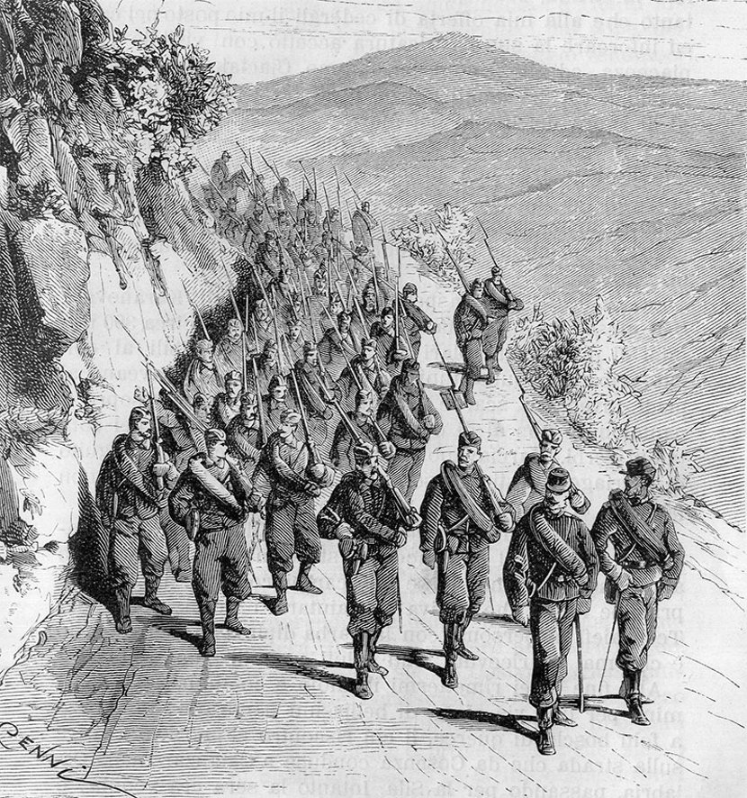 srpski vojnici marsiraju 1876. godine tokom prvog srpsko turskog rata. ilustracija nikole lazara 830x0